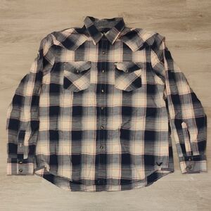 American Eagle Outfitters Navy and Cream Plaid Shirt Men's Size L